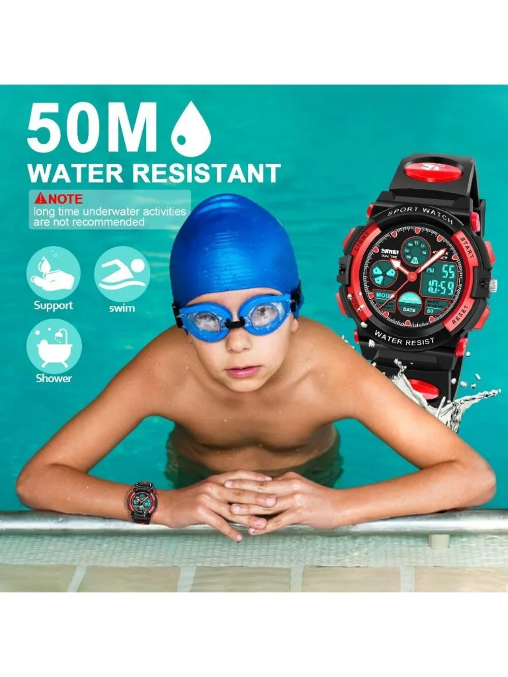 Kid's Black Red Analog Quartz Multi Function Waterproof Round LED Digital Watch